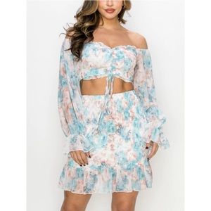 #146 2pc fully smocked off shoulder crop Top and skirt set so elegant